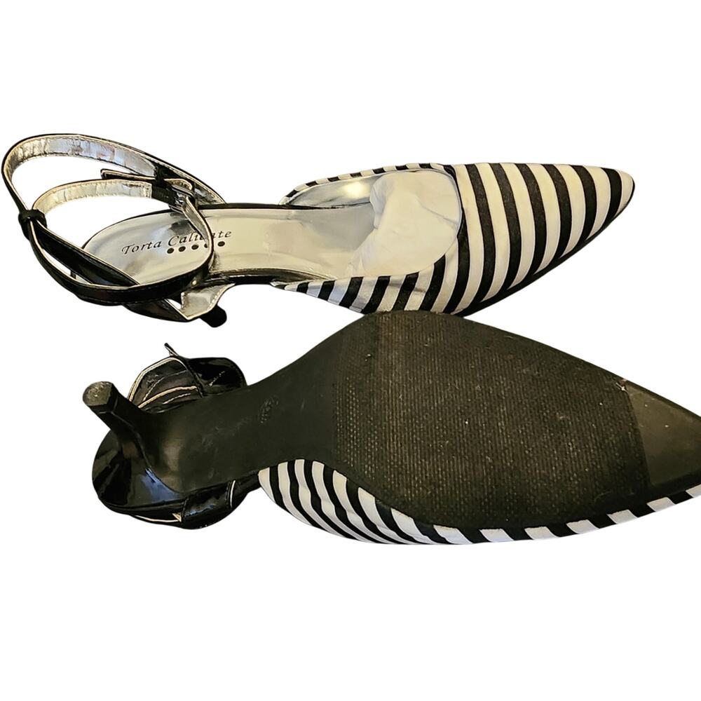 Torta Caliente Sz 8.5 Jovi High Heels Sling Back Black & White Stripes New